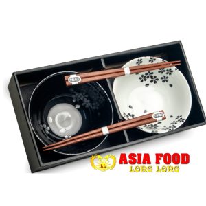 Schüssel-Set 15x7cm Schwarz und weiß Motiv Blüten mit Stäbchen 2x/Japan